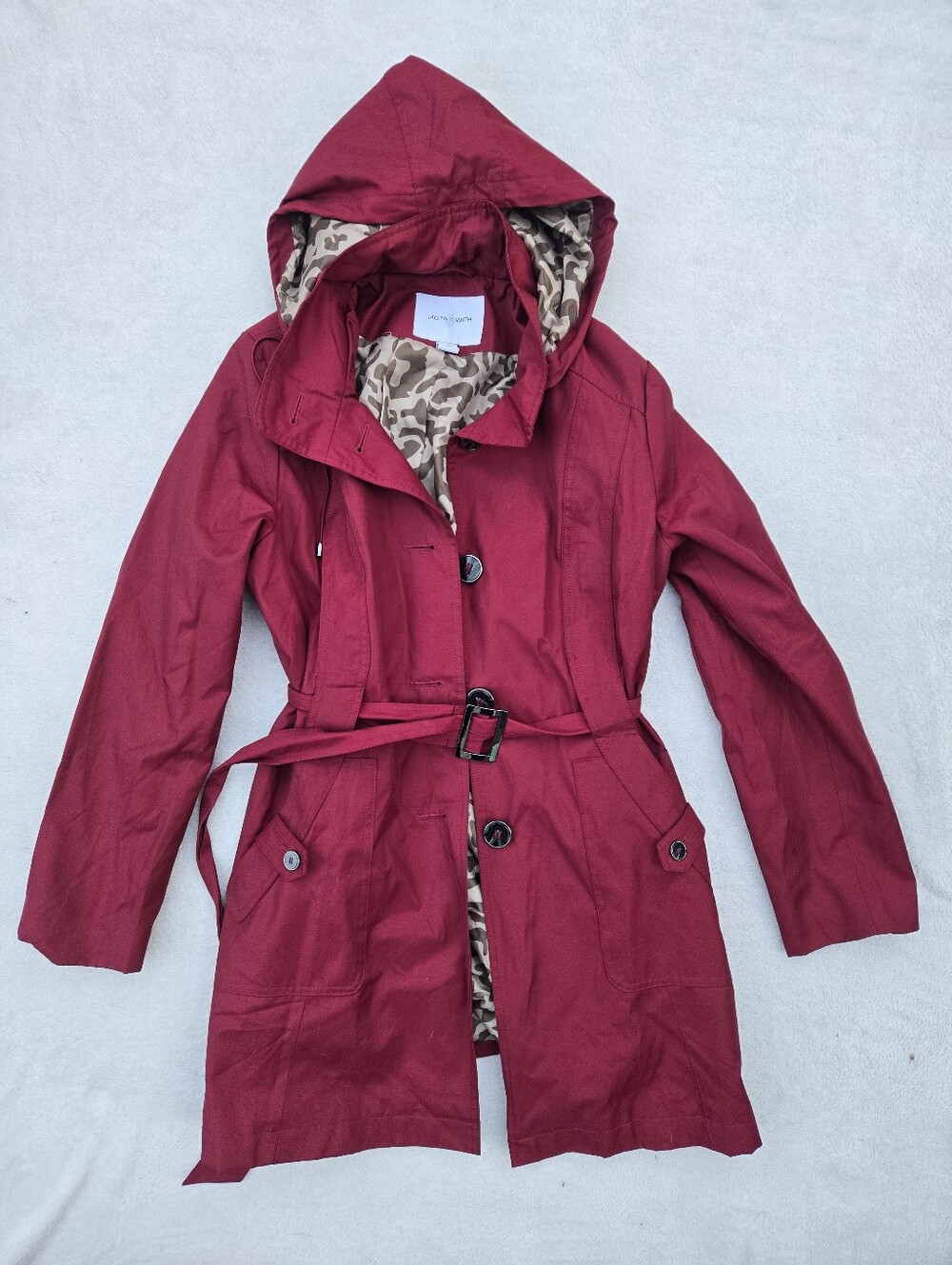 Jaclyn Smith Women’s Red Raspberry Hooded Trench Coat with Belt Sz M